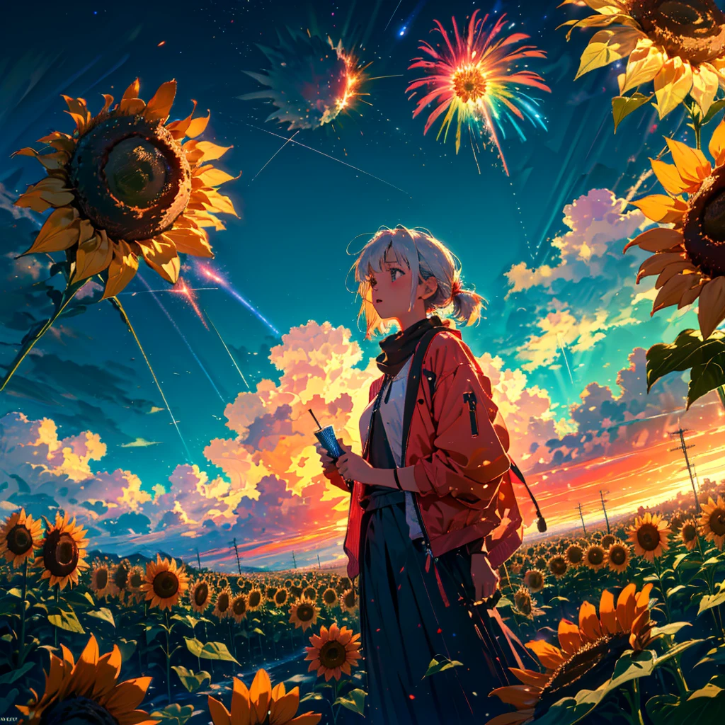 Nagano Prefecture, plateau, sunflower畑, Flower Field, masterpiece, Concept Art, Panorama, in the center, shape, Wide Shot, girl, garden, night, (firework), (meteor), Space galaxy background, (Great composition, Epic scale), Dynamic Lighting, Bright colors, A girl with long, fragile white hair, sunflower, Global Lens