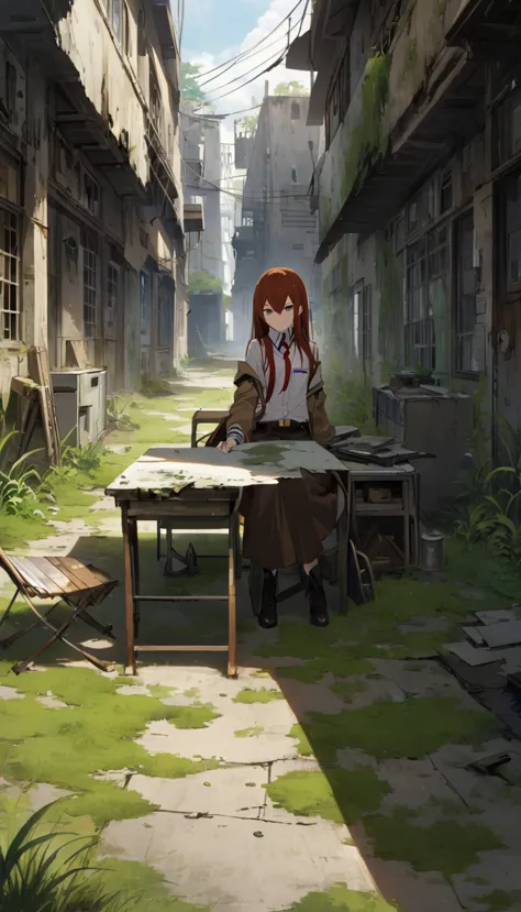 one girl, makise kurisu, stein;gate,concept art of a post-apocalyptic world with ruins, lush vegetation, flat chest，((the only s...