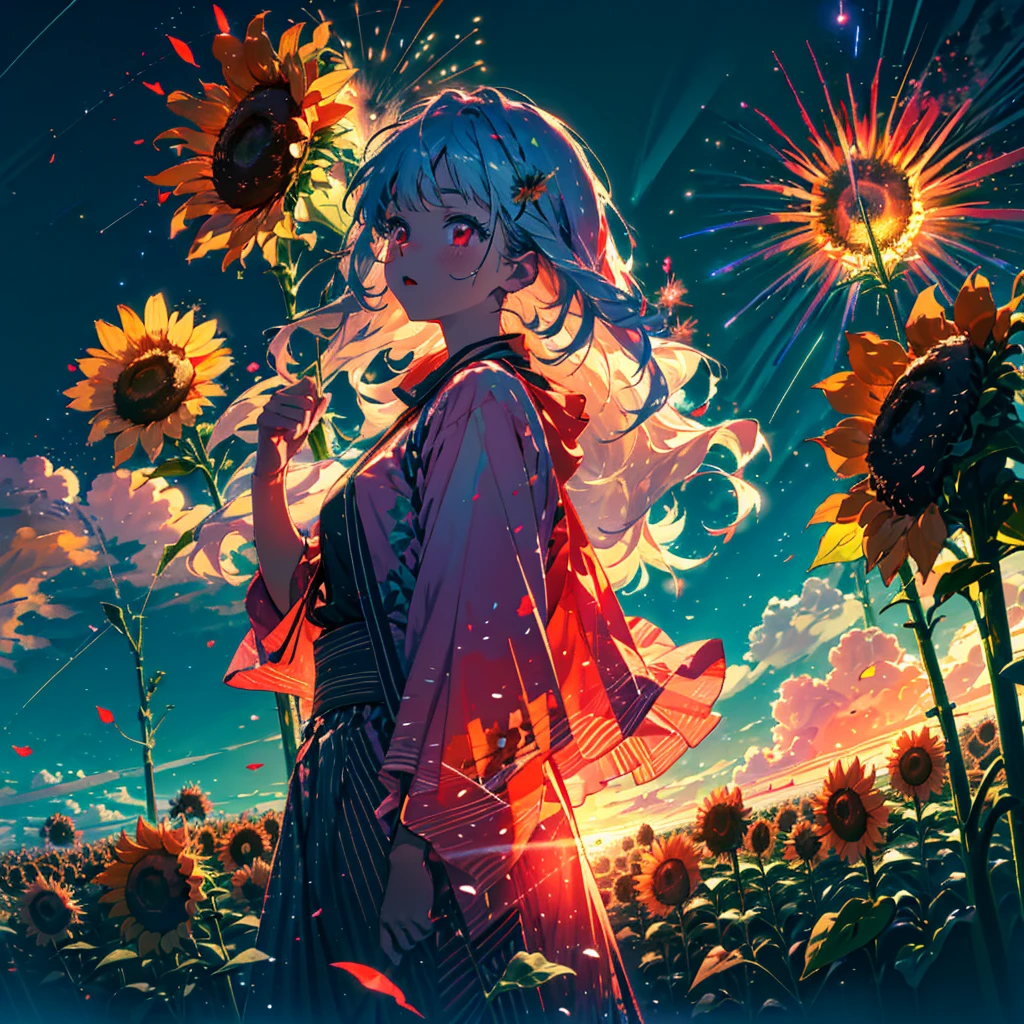 Nagano Prefecture, plateau, Sunflower field, Flower Field, masterpiece, Concept Art, Panorama, in the center, shape, Wide Shot, multiple 女の子, garden, dusk, night, multiple(firework), (meteor), Space galaxy background, (Great composition, Epic scale), Dynamic Lighting, Bright colors, A girl with long, fragile white hair, Crimson eyes