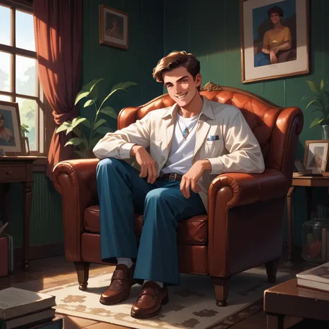 man smiling, looking at the audience, brown hair, sit on the chair, retro art, illustration, detailed, in the living room, green...