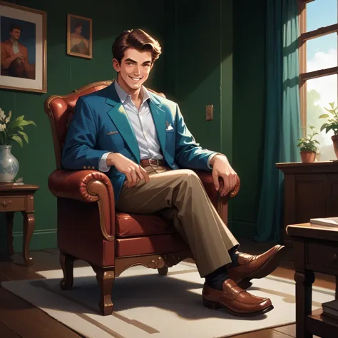 man smiling, looking at the audience, brown hair, sit on the chair, retro art, illustration, detailed, in the living room, green...