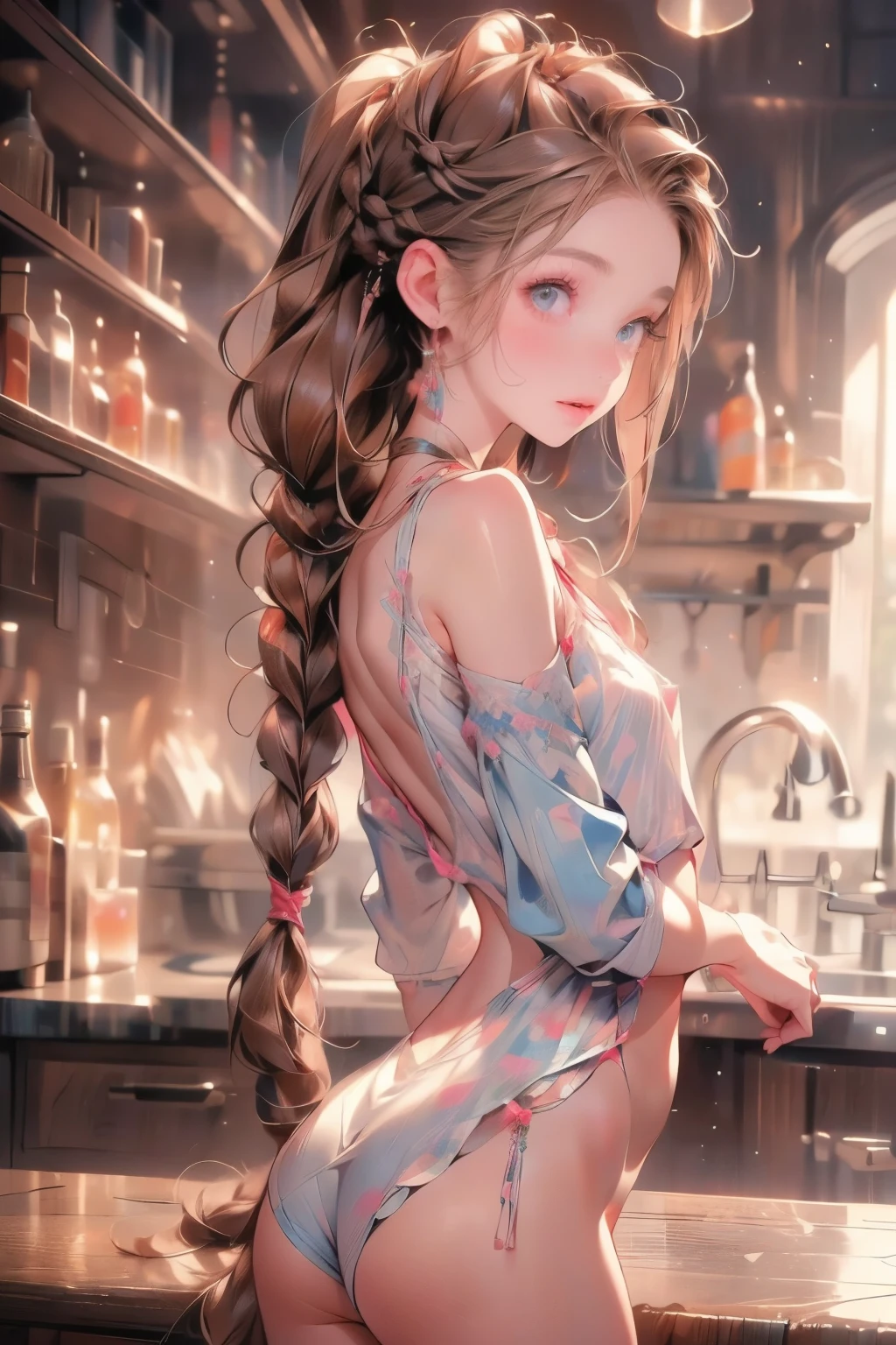  ((best quality)), ((masterpiece)), (detailed), 1girl, (big forhead:1.2),extremely detailed cute anime face, (((flat chest))), (flat chest:1.1),((((long twin braids,tight braids,long braid,braided hair,long hair)))),intricate eyes,beautiful detailed eyes,symmetrical eyes,(((detailed face))),beautiful detailed lips, looking at this, (((embarrassed))),(horrified expression),(panic),(crying),highres,(best quality),(ultra detailed,extremely detailed),perfect face details, ((masterpiece:1.4, best quality))+, (ultra detailed)+, long twintails, cute girl, (flat chest:1.1), small breasts, slim body, skinny, (narrow hips), prominent collarbones, skinny arms, flat stomach, visible hip bones, long hair, red hair, white hair, blonde hair, dark hair, ponytail, thick ponytail, heavy ponytail, small breasts, perfect face, small breasts (flat chest:1.1), NSFW, long revealing gown,Detailed body，Full limbs，(from behind), (turning), NSFW, (flat chest:1.1), nude 