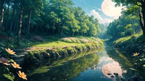 panorama, panoramic shot, scenery, (glowing:1.2),clear water, glistening water, overgrown flowers, wet road, fireflies, glowing ...