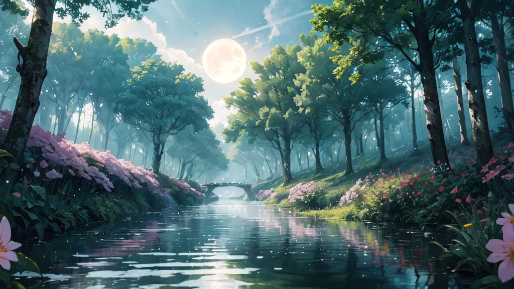 panorama, panoramic shot, scenery, (glowing:1.2),clear water, glistening water, overgrown flowers, wet road, fireflies, glowing fireflies, mid day, glowing clouds, flower trees, sakura, forest, 4k, 8k, (masterpiece, best quality, high resolution, high-quality, high quality),  light particles,  sky, under water, big  moon above, summer rain. isometric perspective, ray tracing reflections, depth of field 