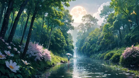 panorama, panoramic shot, scenery, (glowing:1.2),clear water, glistening water, overgrown flowers, wet road, fireflies, glowing ...