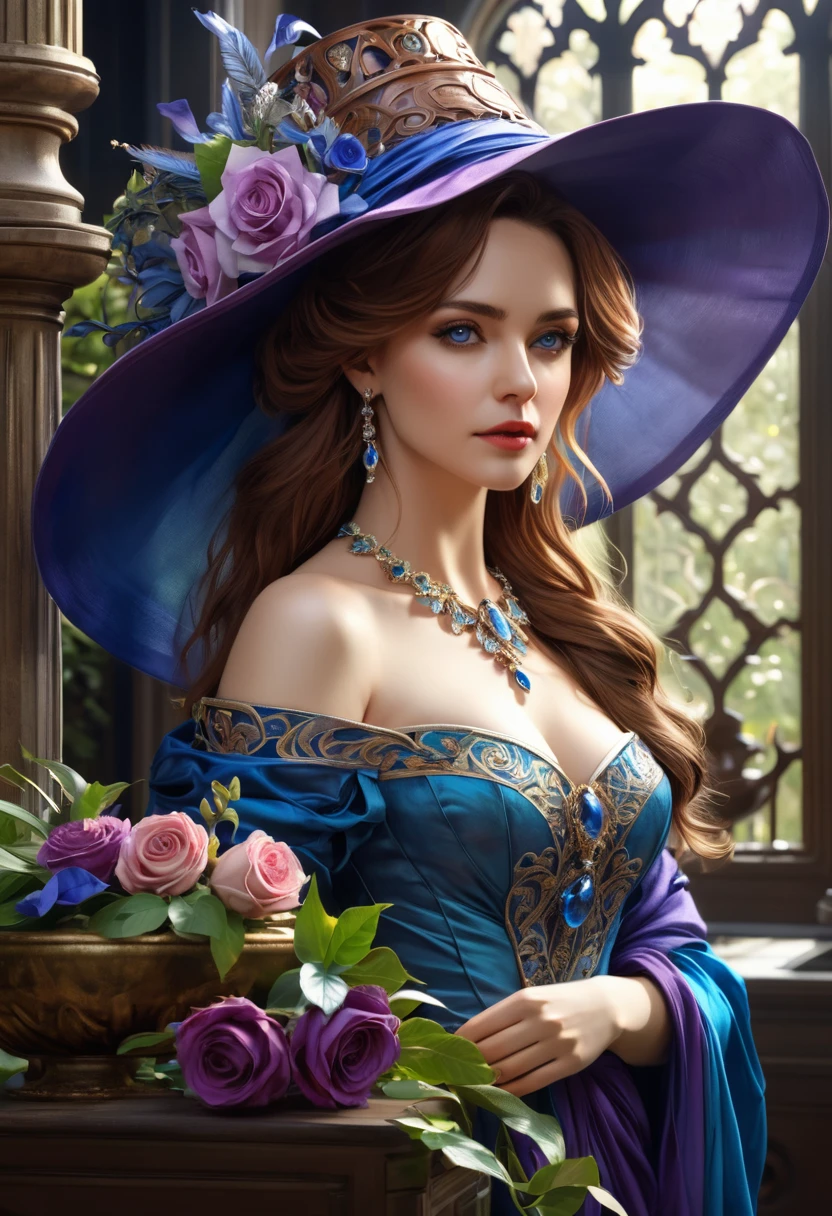 (by Greg Rutkowski: 1.2), ((masterpiece, best quality)), extremely delicate and beautiful, illustration, highly detailed face and body. ((Dynamic bust of beautiful aristocratic maiden，Brown chestnut hair elegantly coiled，Wearing a huge blue hat，Purple clear eyes，The hair is covered with beautiful and delicate floral craftsmanship, Crystal jewelry filigree)), ((full-body)), cool face, captivating gaze, HD. elegance. photorealism. Unreal engine. From Brian Froud and Carne Griffiths and Wadim Kashin and John William Waterhouse, 8K post-production, high resolution, hyperdetailed, depth of field, HDR, intricate