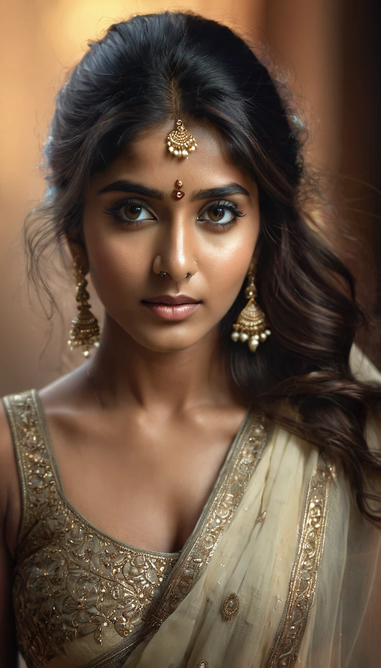 a beautiful mysterious indian woman, intricate detailed face, piercing eyes, long eyelashes, delicate skin, natural beauty, flowing hair, candid elegant pose, dramatic lighting, cinematic mood, muted color palette, chiaroscuro lighting, high quality, photorealistic, 8k, intricate details, professional rendering