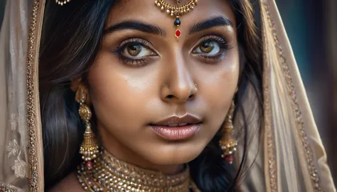 a beautiful mysterious indian woman , western style, intricate detailed face, piercing eyes, long eyelashes, delicate skin, natu...