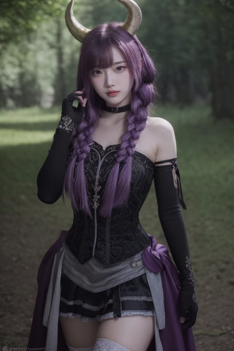 cinematic film, Realistic photograph,
aura the guillotine, aura the guillotine, long hair, (purple eyes:1.1), purple hair, braid, horns, twin braids, smile, skirt, thighhighs, gloves, choker, black gloves, elbow gloves, magical girl, outdoors, looking at viewer, (masterpiece:1.2), best quality, high resolution, unity 8k wallpaper, (illustration:0.8), (beautiful detailed eyes:1.6), extremely detailed face, perfect lighting, extremely detailed CG, (perfect hands, perfect anatomy),