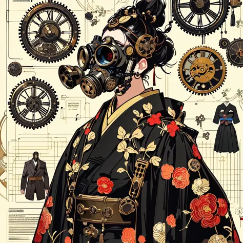 there is a woman wearing a gas mask and a black kimono., gas mask in ukiyo-e style, detailed steampunk illustration, jc leyendec...