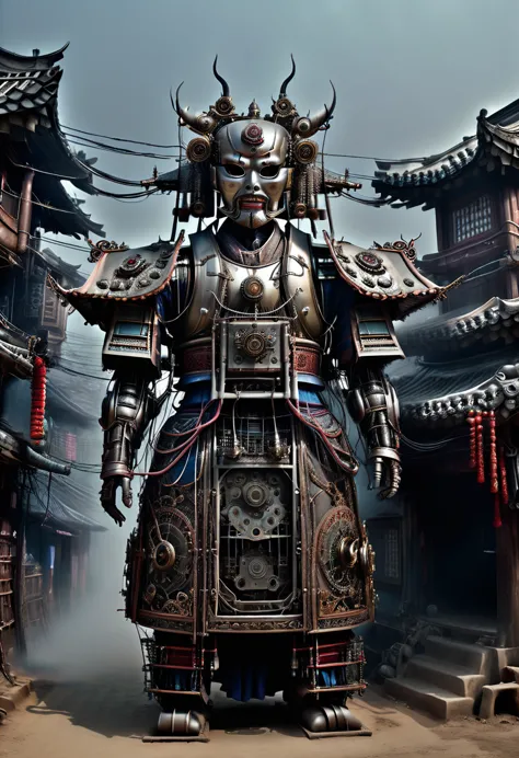 Small hanok village, huge machine wearing fancy hanbok, skin made of wires, machine bigger than the village, monstrous form, int...