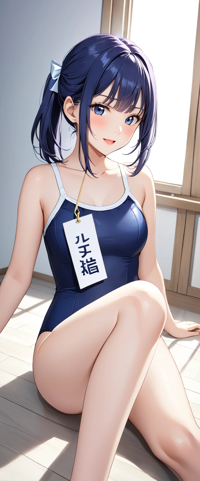 High resolution, woman , Good lighting, Despicable, , (No nudity), (((Navy school swimsuit))), (Navy school swimsuit),   Cute Face, I&#39;blush with embarrassment, Humiliating, ((Sit with your legs apart)), ((Wet with sweat))((Sticky liquid sticks to the body))Sit on the bed in the room、