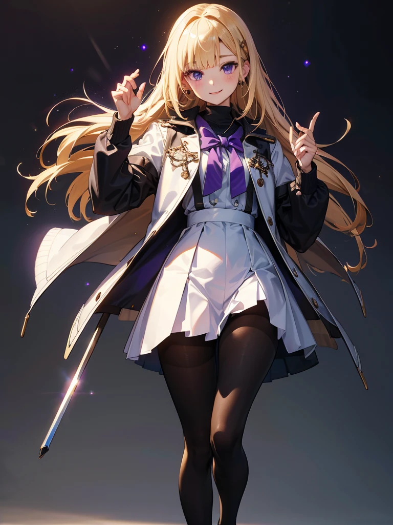 Wearing black tights,squat, hands on knees,Highest quality,((Highest quality)),((Tabletop)),((Perfect Face)),1 girl.White and purple dress,White jacket,With a cane,armsを持っている,The flames flicker,blonde,Purple eyes,smile,beauty,((Holographic)),(masterpiece:1.2, Highest quality),(Colored Background) (Beautiful attention to detail: 1.2), (Very detailedな CG Unity 8K 壁紙, masterpiece, Highest quality, Very detailed, Best Shadow), (Detailed Background), White jacket,arms(woman,Carry a walking stick),alone ,blonde,Purple eyes,One Girl, sketch (Character design sheet, same characters, whole body, Three-View, front, ~ ~ ~ side, return), alone,