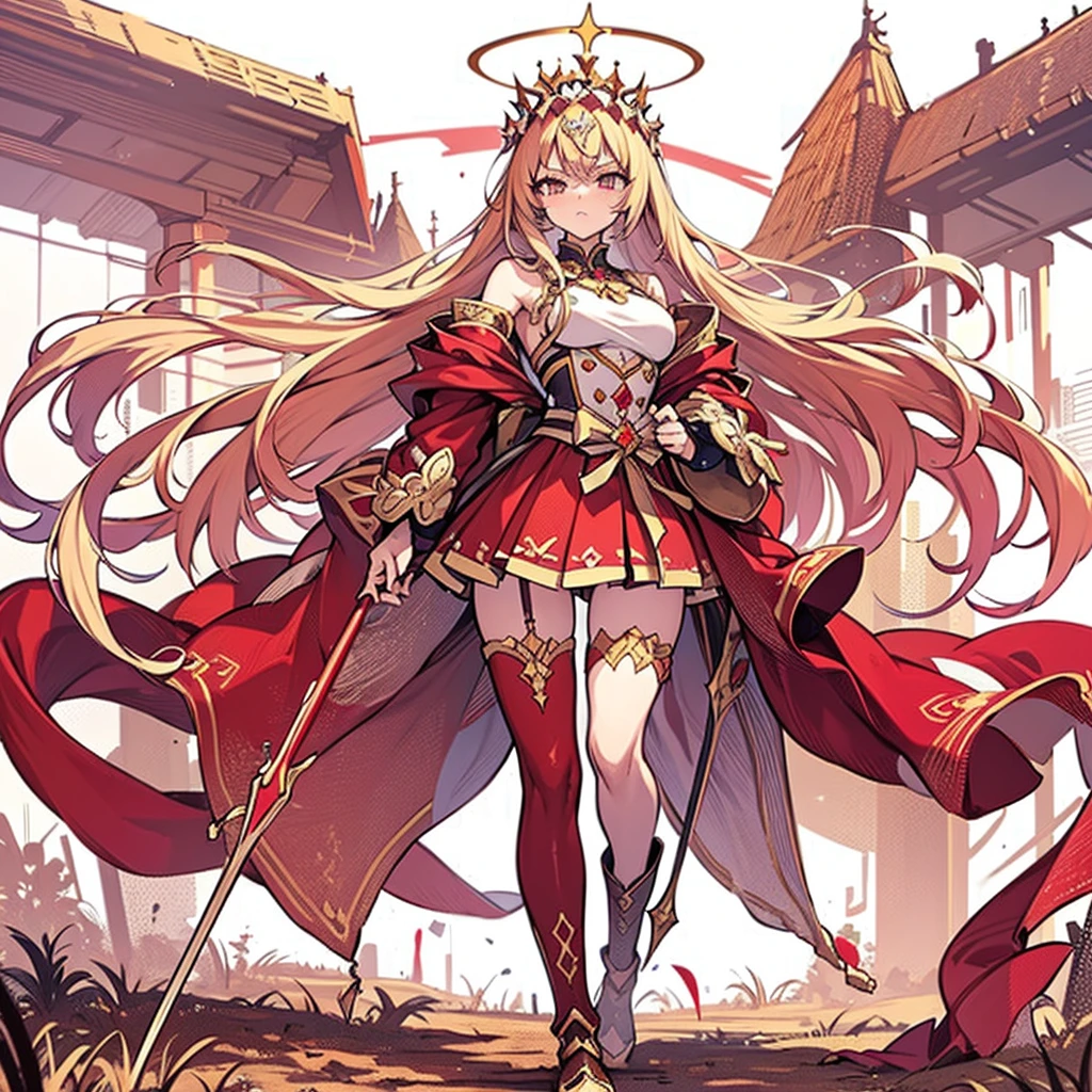 (masterpiece, best quality), (Fine hair), Extremely detailed, Anime style, whole body, Solitary, Cyberpunk Angel Girl, Wearing a shining halo crown, Dazzling blond hair, White skin and red eyes, Holding a sword and a spear, Red pupil, Red wrestler costume, Arms Crossed, Velvety scarlet praying mantis fluttering in the wind, Wear boots, Extra large mass, Tall and stylish, Very massive. Muscular but feminine body type, White background, Standing full length, Standing on the scorched earth,　
