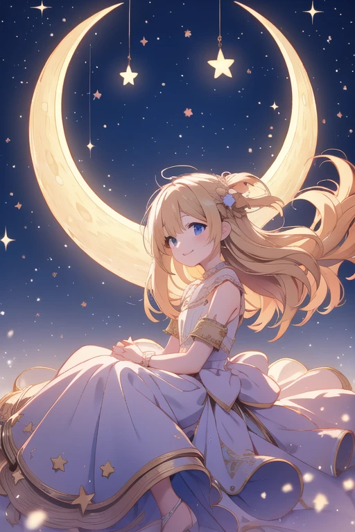 Sitting on a crescent moon、A young girl around 12 years old、Long wavy blonde hair、In a dress、Reaching out for a shooting star、smile