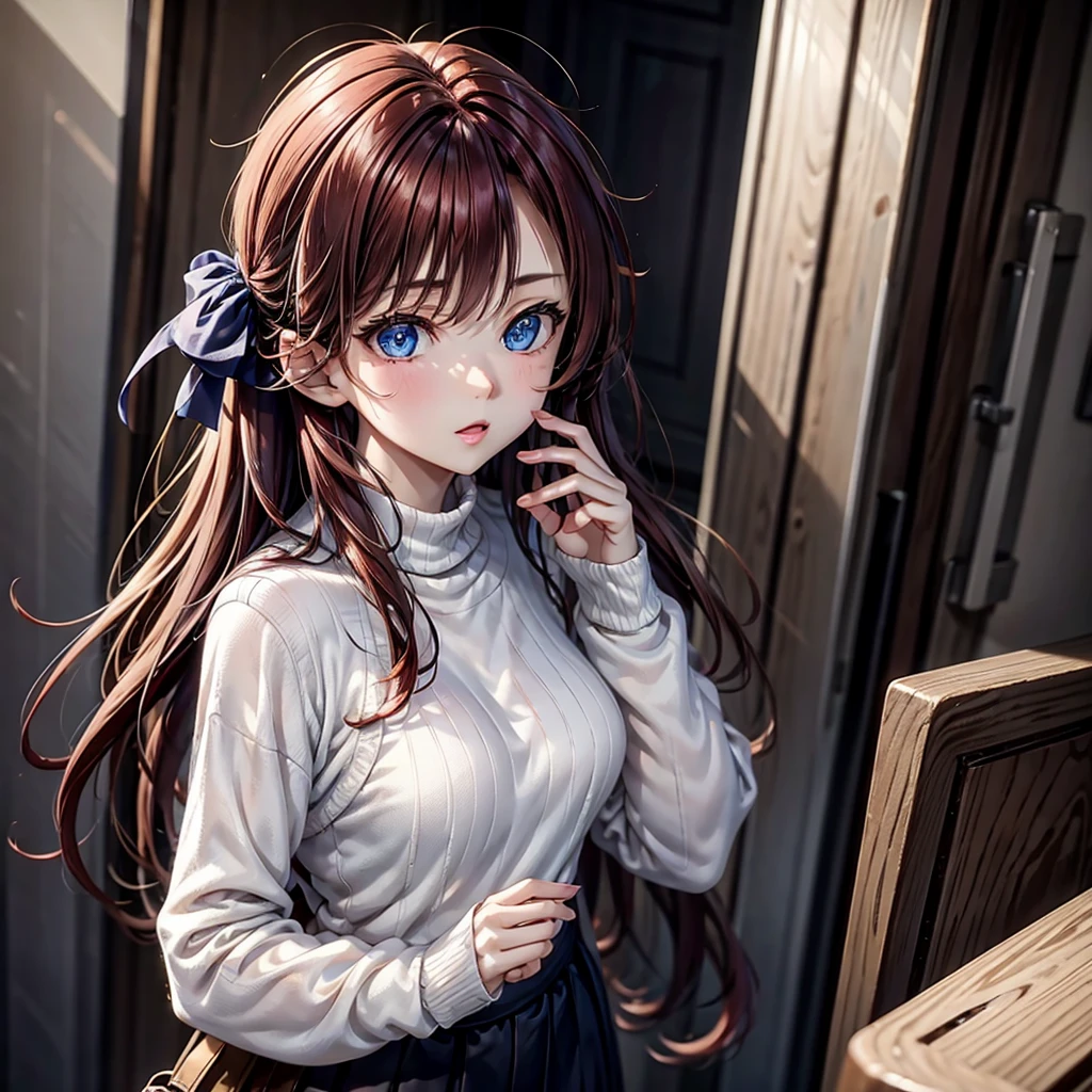 Miss, Large Breasts, redhead, blue eyes, Transparent sweater, Small chin  