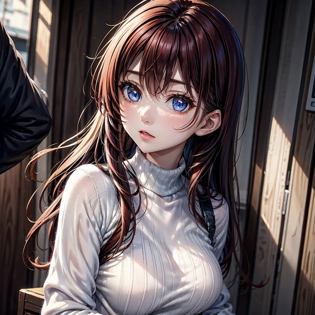 Miss, Large Breasts, redhead, blue eyes, Transparent sweater, Small chin  