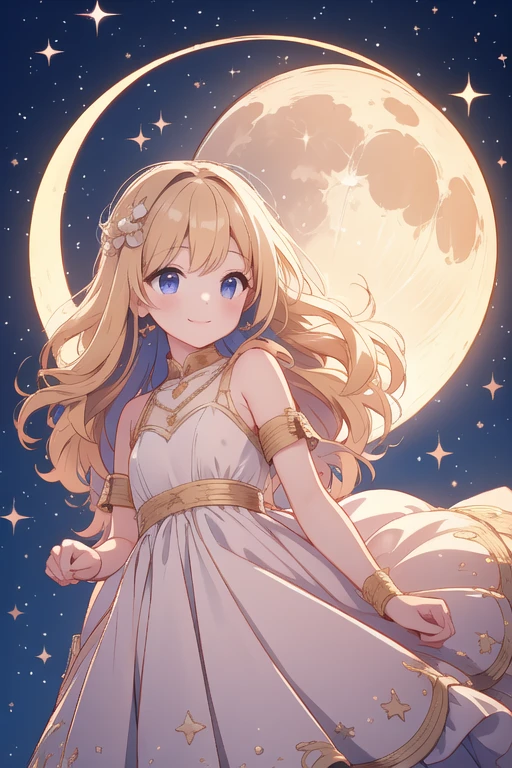 A big crescent moon in the sky、Face close-up、A young girl around 12 years old、Long wavy blonde hair、In a dress、smile、Anatomically correct、Accurate hand drawing、