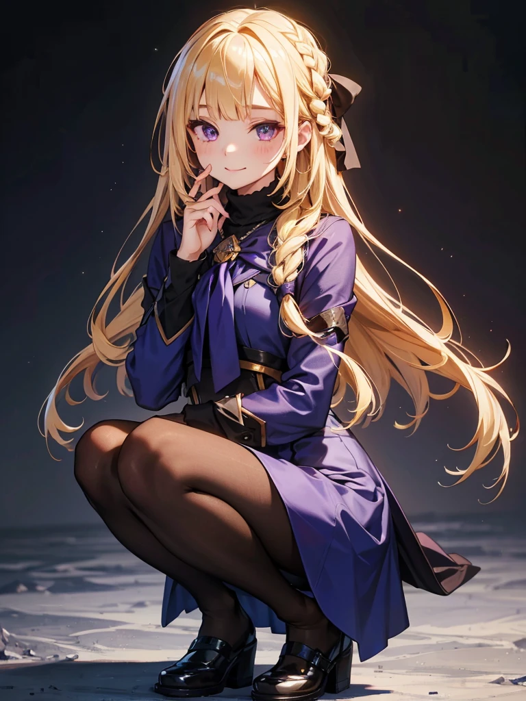 Braided hair, Wearing black tights,squat, hands on knees,Highest quality,((Highest quality)),((Tabletop)),((Perfect Face)),1 girl, blonde,Purple eyes,smile,beauty,((Holographic)),(masterpiece:1.2, Highest quality),(Colored Background) (Beautiful attention to detail: 1.2), (Very detailedな CG Unity 8K 壁紙, masterpiece, Highest quality, Very detailed, Best Shadow), (Detailed Background), alone ,blonde,Purple eyes,One Girl, sketch (Character design sheet, same characters, whole body, Three-View, front, ~ ~ ~ side, return), alone,