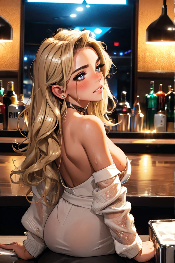 girl at a nightclub sitting at bar, eyeliner (masterpiece) (best quality) (detailed) (8k) (HDR) (wallpaper) (cinematic lighting) (sharp focus) (intricate) wavy blonde hair, biting lip, medium hair, slutty outfit, sexy, blush, aroused, cleavage, shiny , wet skin, girl, dark makeup, acting flirty, tucking hair behind ear, from behind
