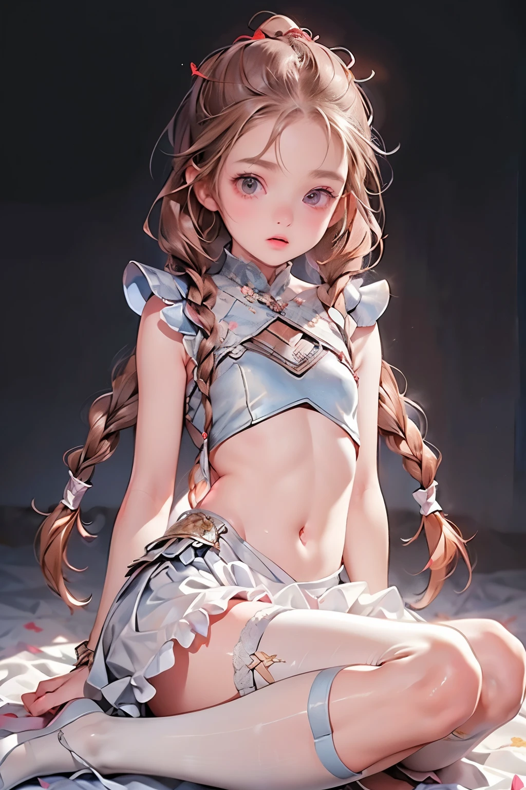 ((best quality)), ((masterpiece)), (detailed), 1girl, (big forhead:1.2),extremely detailed cute anime face, (((flat chest))), (flat chest:1.1),((((long twin braids,tight braids,long braid,braided hair,long hair)))),intricate eyes,beautiful detailed eyes,symmetrical eyes,(((detailed face))),beautiful detailed lips, dynamic pose, looking at this, resolved, resolute, highres,(best quality),(ultra detailed,extremely detailed),perfect face details, ((masterpiece:1.4, best quality))+, (ultra detailed)+, long twintails, cute girl, (flat chest:1.1), small breasts, slim body, skinny, prominent collarbones, skinny arms, flat stomach, visible hip bones, long hair, red hair, white hair, blonde hair, dark hair, ponytail, thick ponytail, heavy ponytail, small breasts, perfect face, small breasts (flat chest:1.1),  Detailed body，Full limbs, (flat chest:1.1), (Armor shaped like a skeleton:1.3),  terrifying, nightmarish, cosmic horror, a heavenly female knight, red and white clothing, occult aesthetic, occult, detailed and intricate steampunk and detailed gothic, Fluttering lace flared long knee length dress with frilly petticoats, knee length dress, pleated petticoats, petticoats gothic, complex lace boots, gothic aesthetic, wielding a mighty sword with mechanical components, mandalas, full body, whole body, body, chains,
