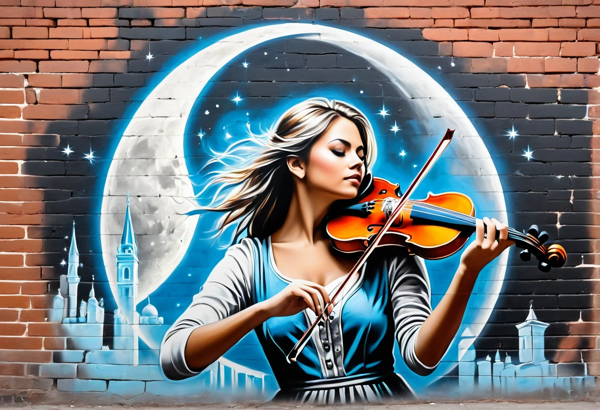 graffiti, pastel, graffiti on brick wall, spray paint on wall, colorful graffiti, street art, spray paint, street canvas, graffiti artist, graffiti art, praying girl, city in ruins, (((double exposure: 1.5))), girl playing violin, full moon, surreal, fractal,