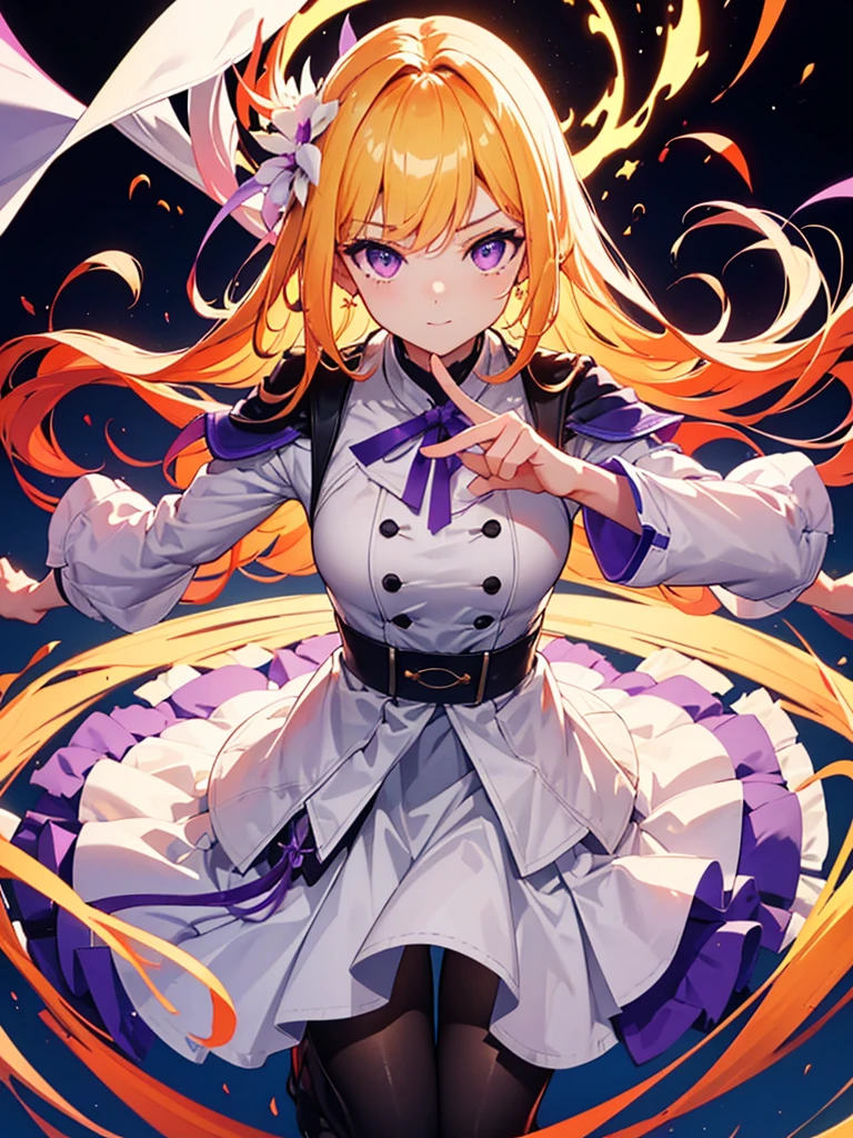 Braided hair, Wearing black tights,squat, hands on knees,Highest quality,((Highest quality)),((Tabletop)),((Perfect Face)),1 girl.White and purple dress,White jacket,With a cane,armsを持っている,The flames flicker,blonde,Purple eyes,smile,beauty,((Holographic)),(masterpiece:1.2, Highest quality),(Colored Background) (Beautiful attention to detail: 1.2), (Very detailedな CG Unity 8K 壁紙, masterpiece, Highest quality, Very detailed, Best Shadow), (Detailed Background), White jacket,arms(woman,Carry a walking stick),alone ,blonde,Purple eyes,One Girl, sketch (Character design sheet, same characters, whole body, Three-View, front, ~ ~ ~ side, return), alone,