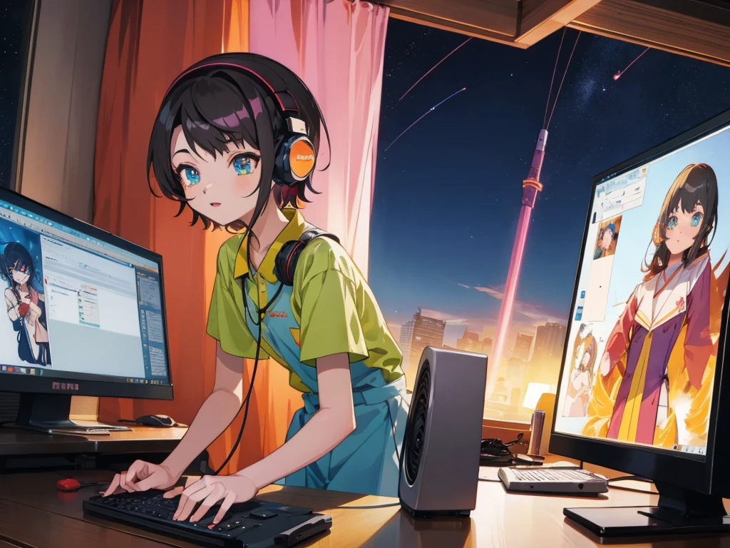 (Highest quality,4K,Very detailed),Anime Style,fan,Anime illustration,Digital Art,Detailed Description,short hair,Detailed digital anime art,Anime Style 4K,A girl working on a computer with headphones on against the night sky