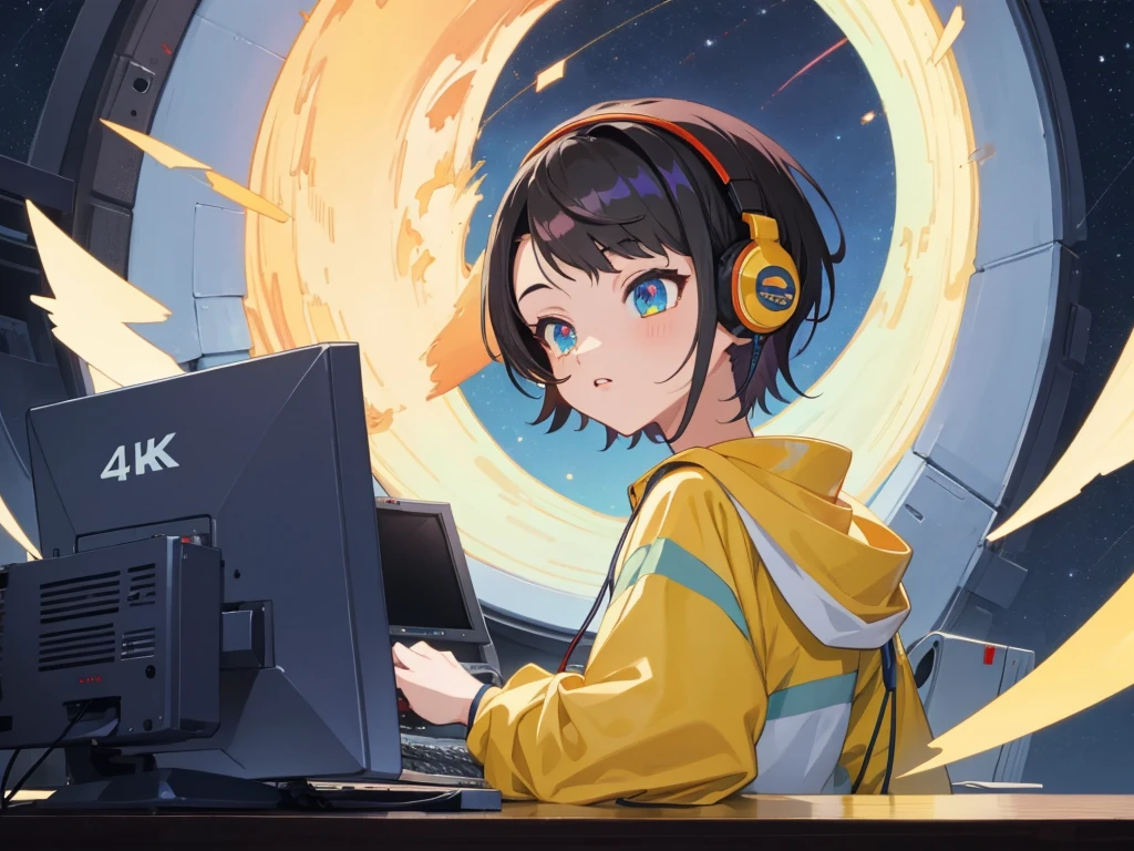 (Highest quality,4K,Very detailed),Anime Style,fan,Anime illustration,Digital Art,Detailed Description,short hair,Detailed digital anime art,Anime Style 4K,A girl working on a computer with headphones on against the night sky