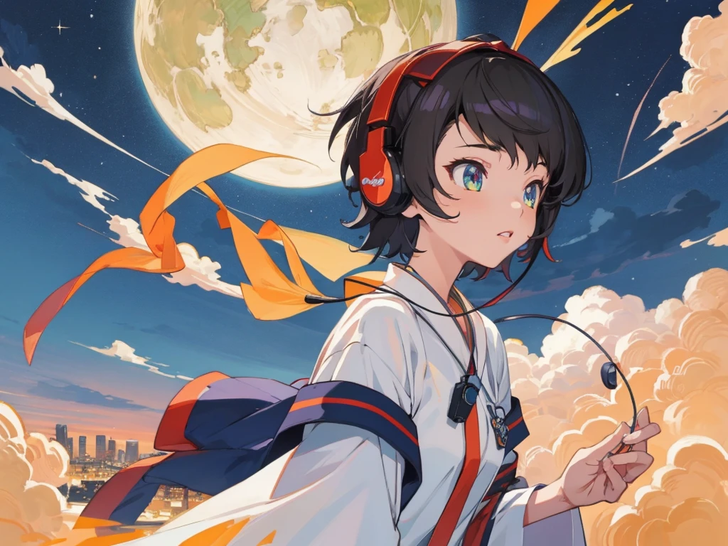 (Highest quality,4K,Very detailed),Anime Style,fan,Anime illustration,Digital Art,Detailed Description,short hair,Detailed digital anime art,Anime Style 4K,Night Sky,A girl studying with headphones