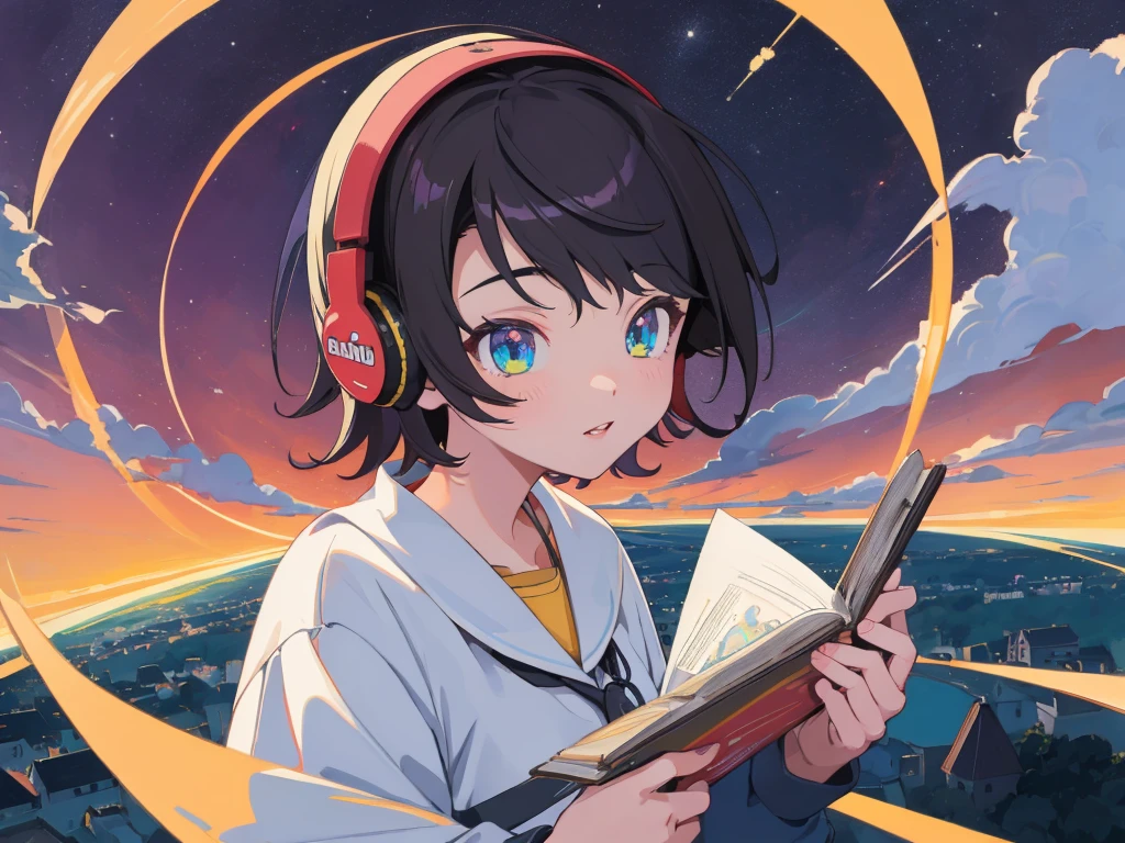 (Highest quality,4K,Very detailed),Anime Style,fan,Anime illustration,Digital Art,Detailed Description,short hair,Detailed digital anime art,Anime Style 4K,Night Sky,A girl studying with headphones