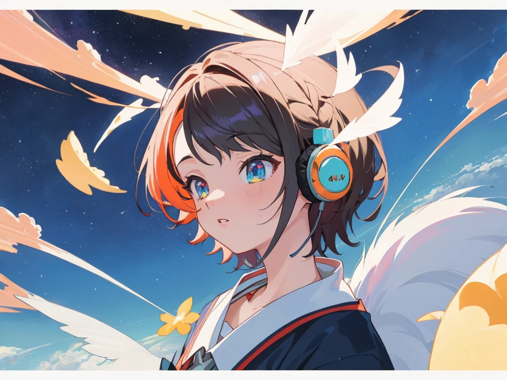 (Highest quality,4K,Very detailed),Anime Style,fan,Anime illustration,Digital Art,Detailed Description,short hair,Detailed digital anime art,Anime Style 4K,Night Sky,A girl studying with headphones