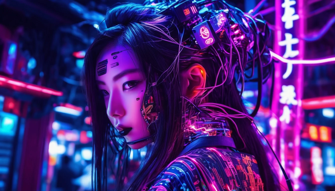 high tech, Futuristic, Cyborg Girl, (Realistic:1.4), Long hair made of cables, robot, In the background there are lots of computer cables, Ultra-high resolution, Ultra-high resolution, 8k, Neon Light, Japanese Culture, kimono, The Spanish Devil