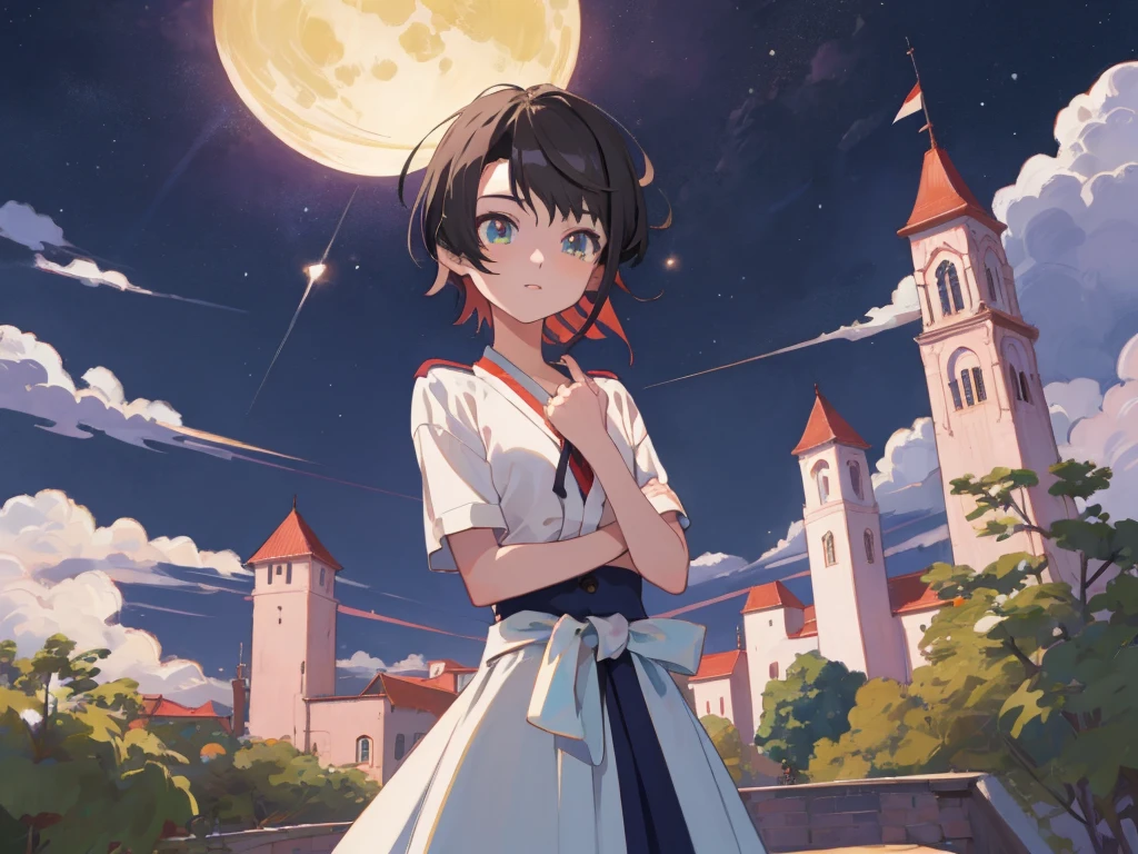 (Highest quality,4K,Very detailed),Anime Style,fan,Anime illustration,Digital Art,Detailed Description,short hair,Detailed digital anime art,Anime Style 4K,Night Sky,Night Cafe,Study alone,Drawing from head to waist