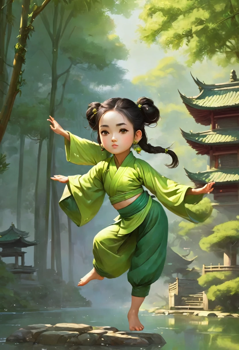 Cute girl, kung fu pose from low position, masterpiece, super detailed: 1.3, temple garden, bamboo forest on the side