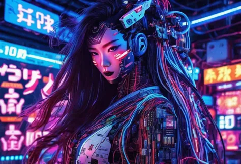 high tech, futuristic, cyborg girl, (realistic:1.4), long hair made of cables, robot, in the background there are lots of comput...