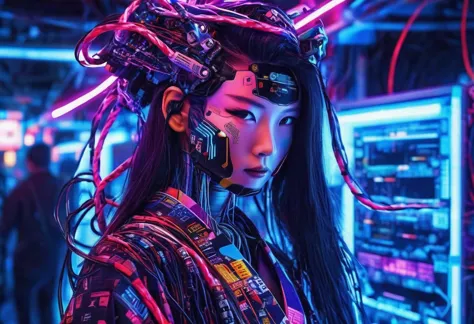 high tech, futuristic, cyborg girl, (realistic:1.4), long hair made of cables, robot, in the background there are lots of comput...