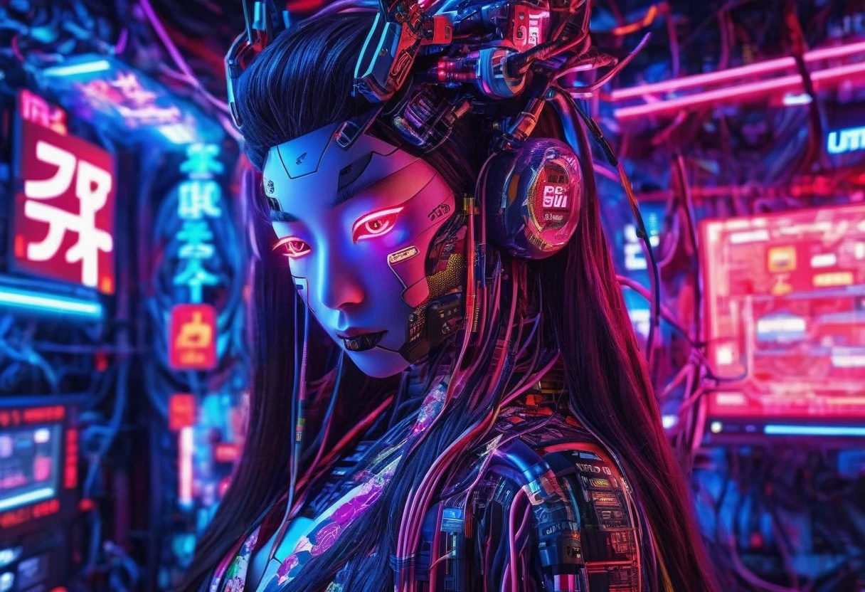 high tech, Futuristic, Cyborg Girl, (Realistic:1.4), Long hair made of cables, robot, In the background there are lots of computer cables, Ultra-high resolution, Ultra-high resolution, 8k, Neon Light, Japanese Culture, kimono, The Spanish Devil