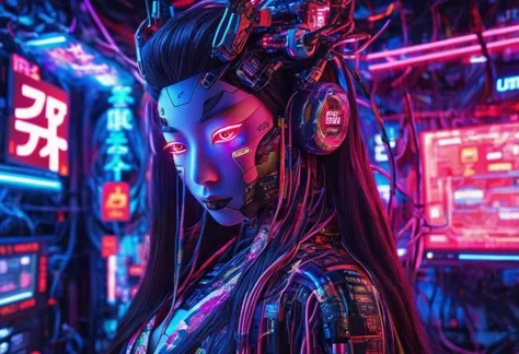 high tech, futuristic, cyborg girl, (realistic:1.4), long hair made of cables, robot, in the background there are lots of comput...