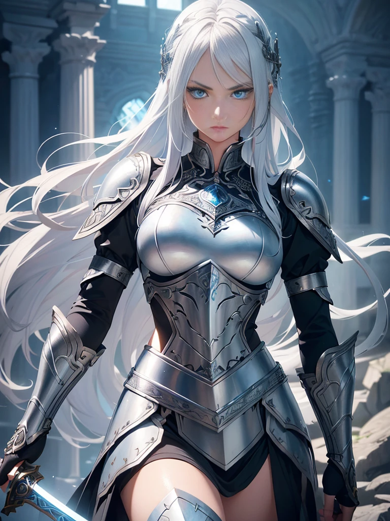 A beautiful girl with piercing blue eyes and long flowing silver hair, wearing ornate plate armor, wielding a large longsword, (best quality,8k,highres,masterpiece:1.2),ultra-detailed,(realistic,photorealistic,photo-realistic:1.37),intricate details,dramatic lighting,cinematic,fantasy art,digital painting,vibrant colors,glowing halo,powerful,heroic