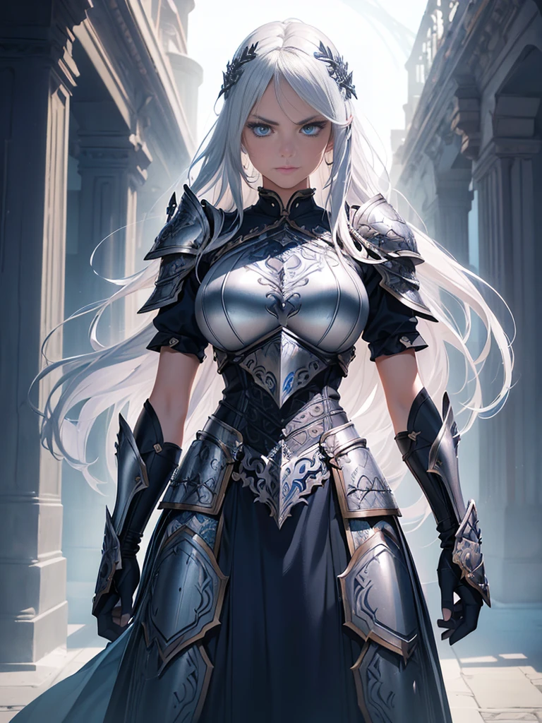 A beautiful girl with piercing blue eyes and long flowing silver hair, wearing ornate plate armor, wielding a large longsword, (best quality,8k,highres,masterpiece:1.2),ultra-detailed,(realistic,photorealistic,photo-realistic:1.37),intricate details,dramatic lighting,cinematic,fantasy art,digital painting,vibrant colors,glowing halo,powerful,heroic