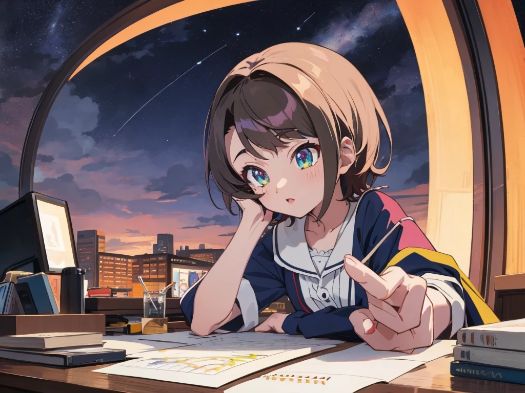 (Highest quality,4K,Very detailed),Anime Style,fan,Anime illustration,Digital Art,Detailed Description,short hair,Detailed digital anime art,Anime Style 4K,Night Sky,Night Cafe,Study at your desk,Drawing from head to waist