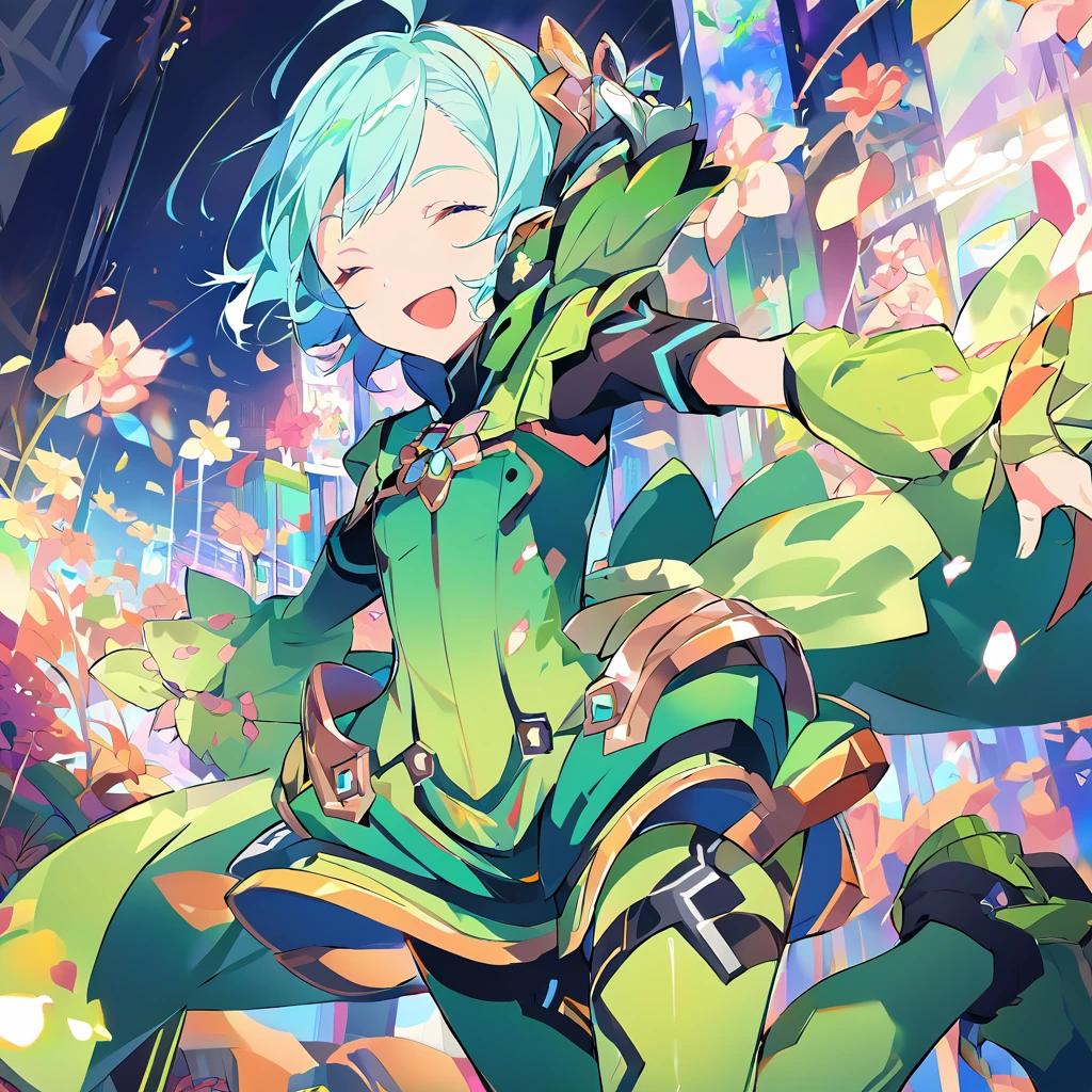 (score_9:0.9),score_8_Excellent,score_7_Excellent,Anime Style,evaluation_safety,(PDXL),Floral,Green Dress,Green tights,One boy,alone,Mouth closed,smile,Look to the side,