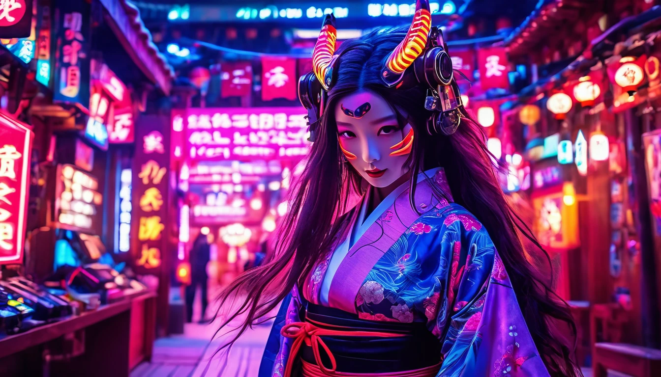 high tech, Futuristic, Only the scenery、No people、 (Realistic:1.4), Long hair made of cables, robot, In the background there are lots of computer cables, Ultra-high resolution, Ultra-high resolution, 8k, Neon Light, Japanese Culture, kimono, The Spanish Devil