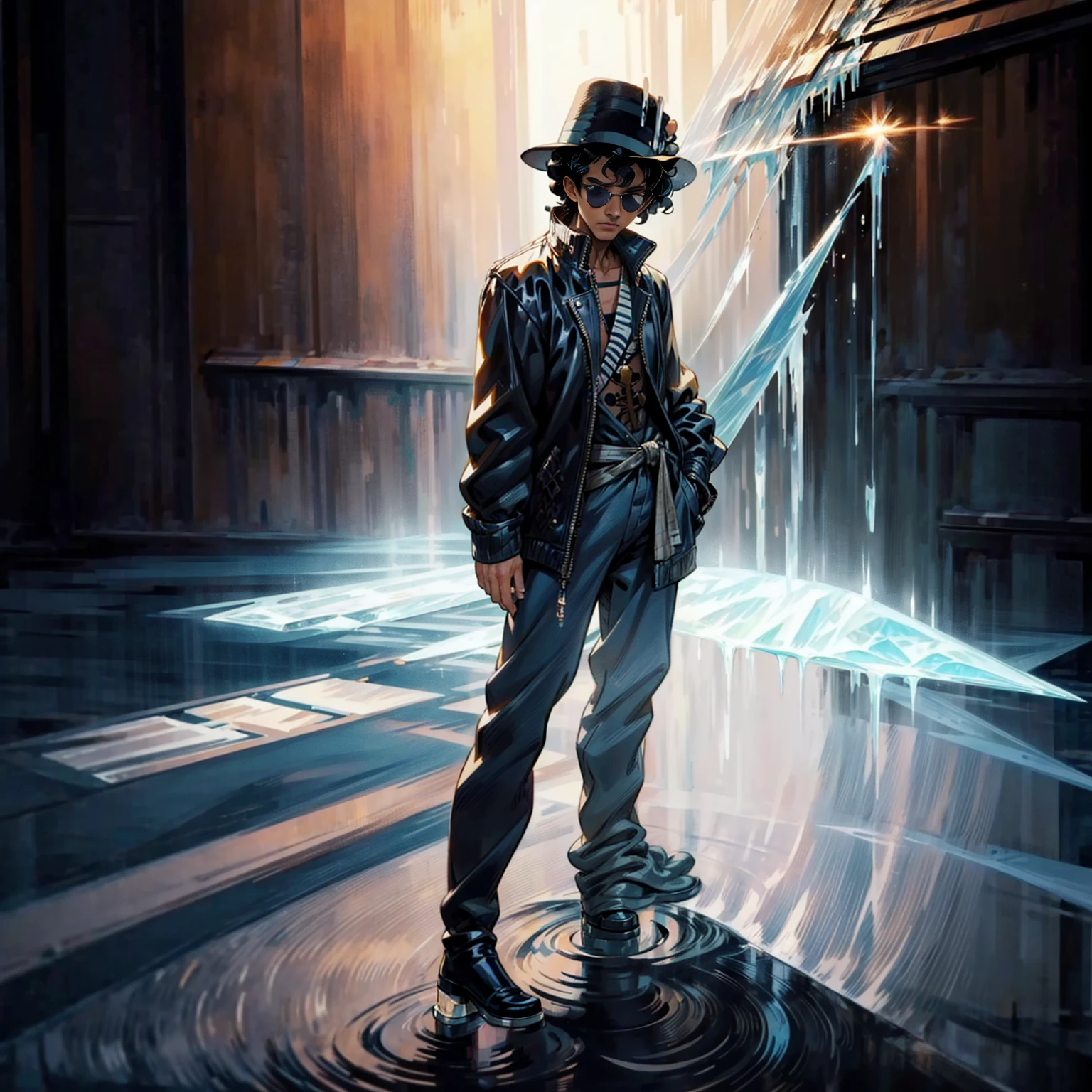 Solo character, full body version, aged man, black eyes, hat, black hair, Curly hairstyle, sunglasses, casual clothing, white boots, detailed shadow, (one piece style art), indoor room ice, cathedral, ice floor, Nitrogen smoke, glow ice effect, standing gesture, hand ice, ice magic 