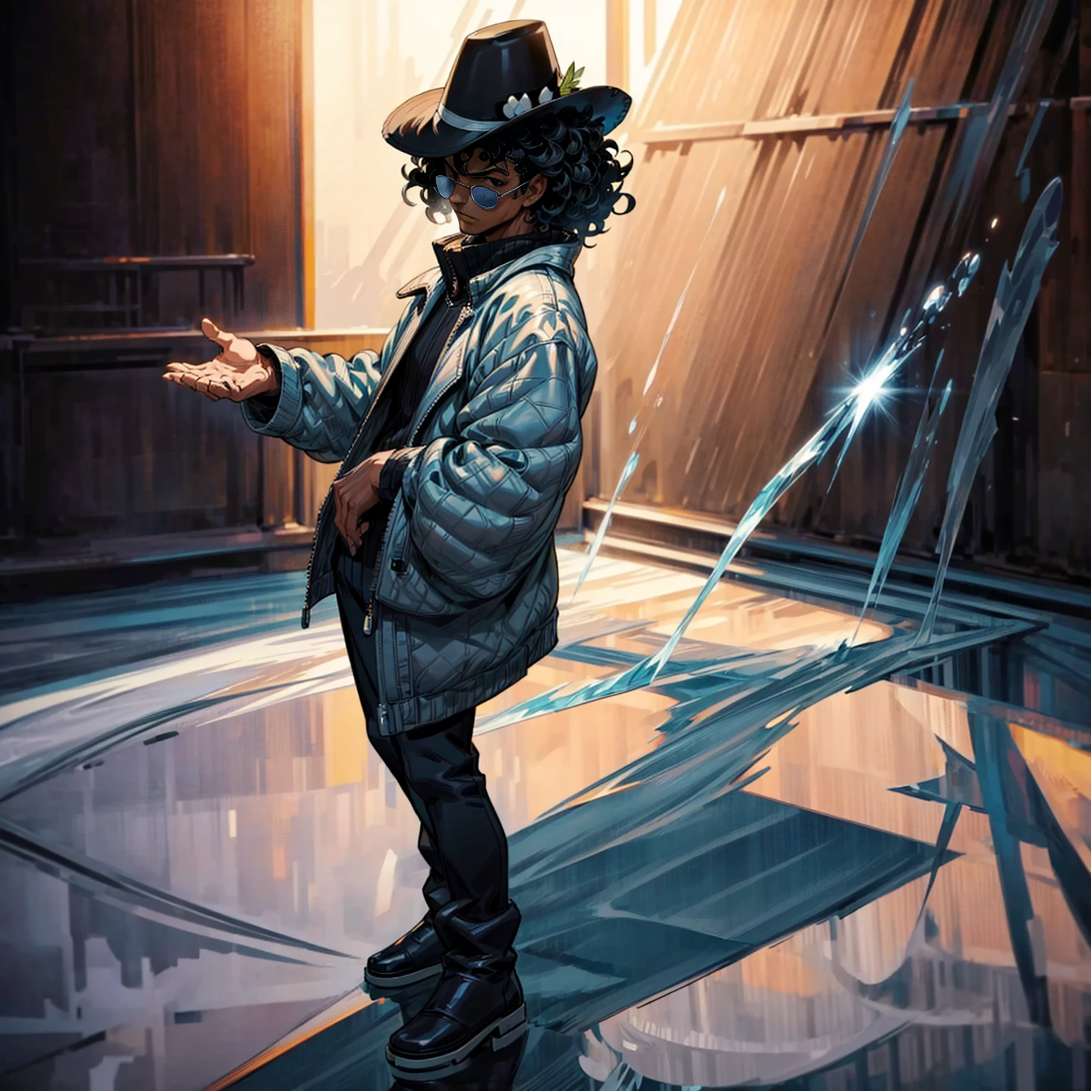 Solo character, full body version, aged man, black eyes, hat, black hair, Curly hairstyle, sunglasses, casual clothing, white boots, detailed shadow, (one piece style art), indoor room ice, cathedral, ice floor, Nitrogen smoke, glow ice effect, standing gesture, hand ice, ice magic 