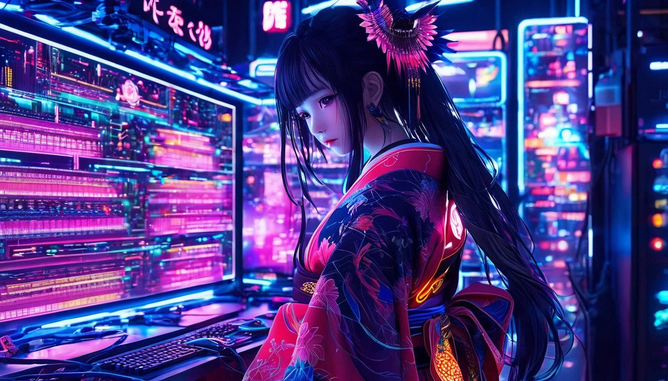 high tech, Futuristic, Only the scenery、No people、 (Realistic:1.4), Long hair made of cables, robot, In the background there are lots of computer cables, Ultra-high resolution, Ultra-high resolution, 8k, Neon Light, Japanese Culture, kimono, behind