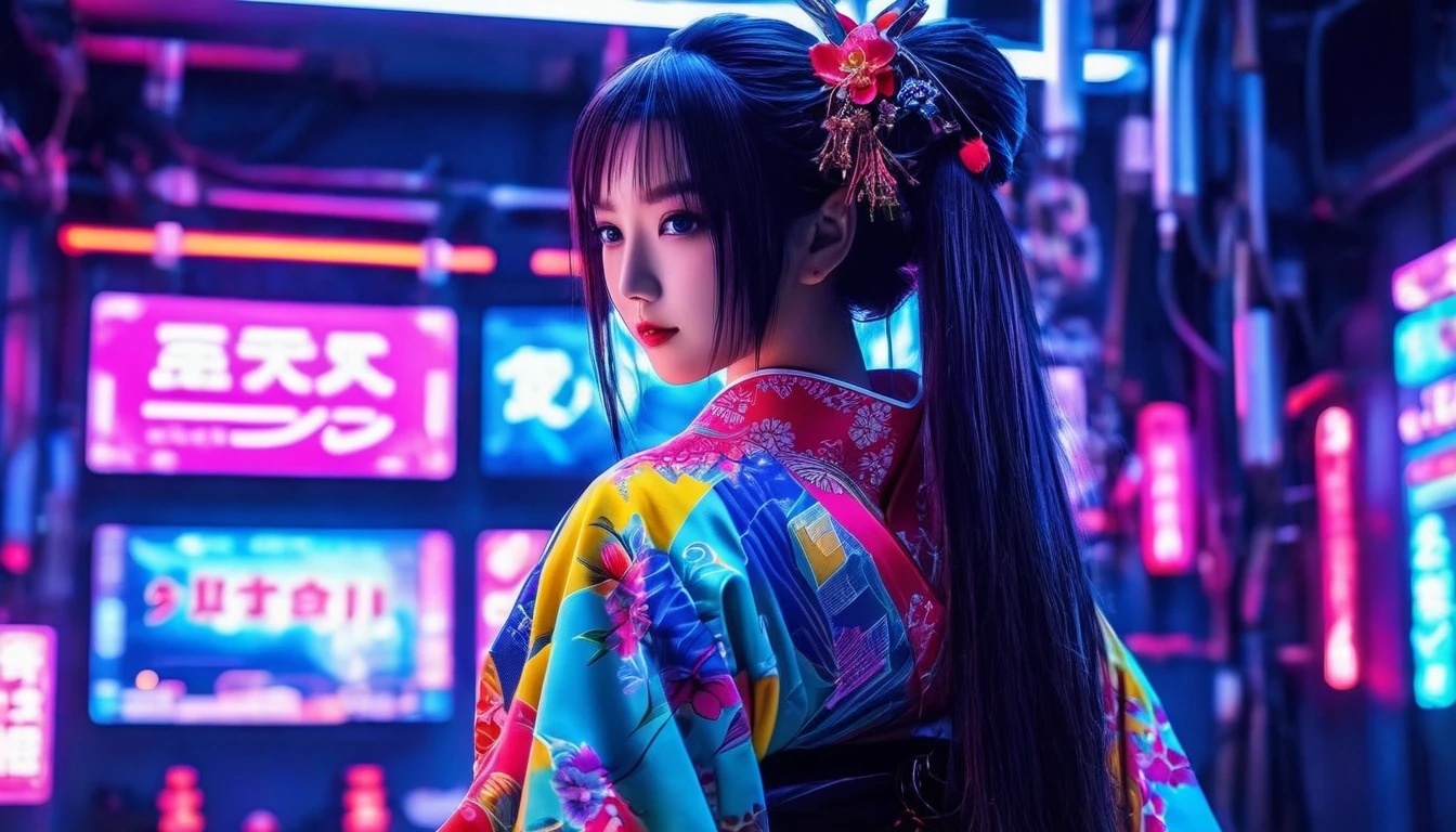 high tech, Futuristic, Only the scenery、No people、 (Realistic:1.4), Long hair made of cables, robot, In the background there are lots of computer cables, Ultra-high resolution, Ultra-high resolution, 8k, Neon Light, Japanese Culture, kimono, behind