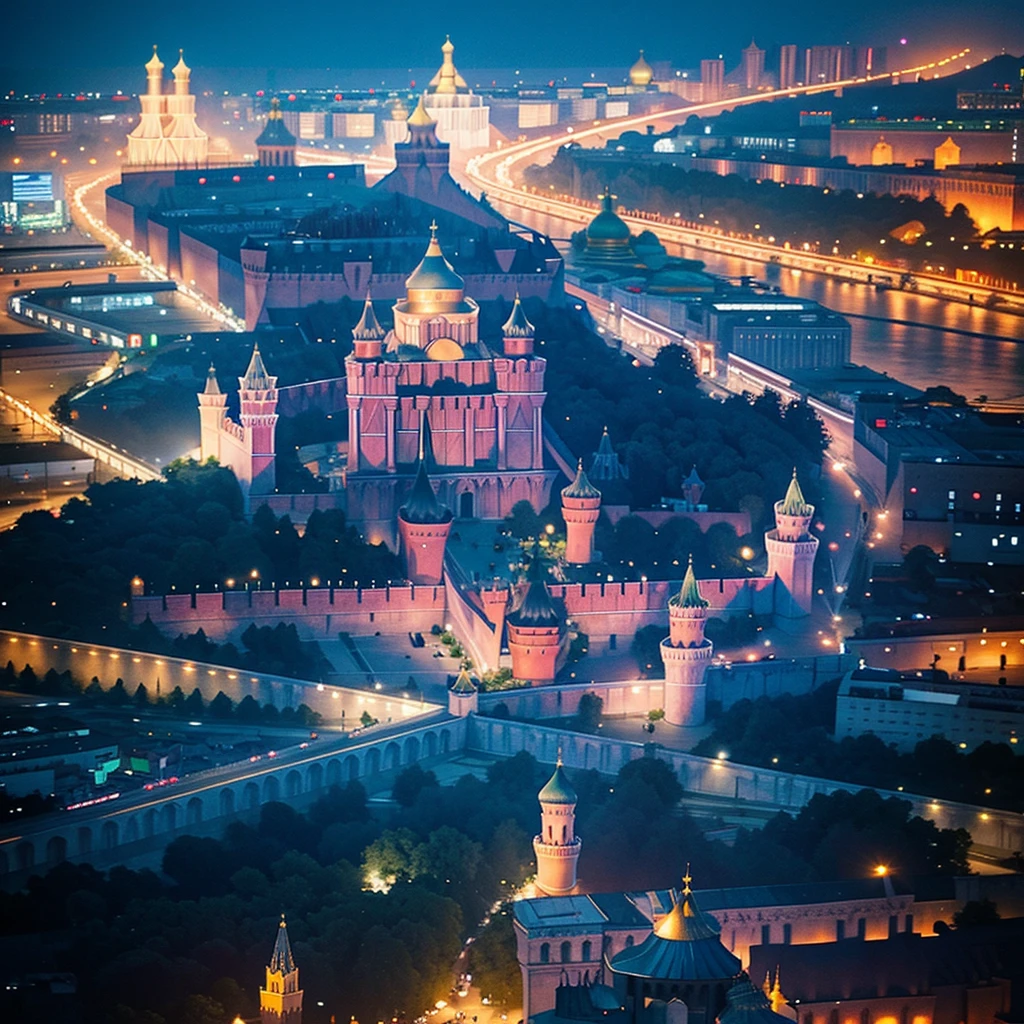 blue sky, evening light, (Aerial View of Kremlin complex of buildings:1.6), ((Beautiful woman is Floating in the Air)), Delicate white BodySuit, (Detailed beautiful face), wide angle lens f/2.8, ultra insane high resolution intricate textures, texture indentation, perfect perspective, perfect geometry, in another dimension worlds, fire all around, energy fields, (luminism), ultra detailed busy background, tessellation, maximalism, perfectionism, IPA Award wining masterpiece