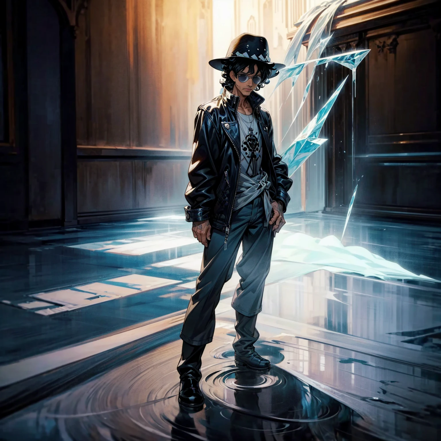 Solo character, full body version, aged man, black eyes, hat, black hair, Curly hairstyle, sunglasses, casual clothing, white boots, detailed shadow, (one piece style art), indoor room ice, cathedral, ice floor, Nitrogen smoke, glow ice effect, standing gesture, hand ice, ice magic 